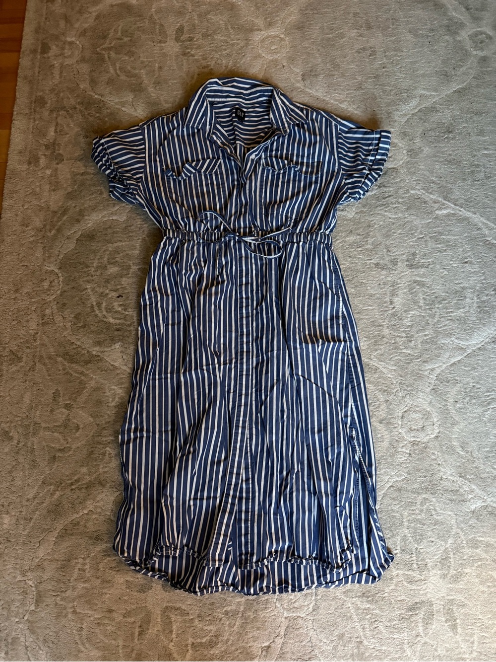 GAP Blue and White Striped Midi Shirt Dress, 100% cotton, size Large, pockets - Picture 2 of 9